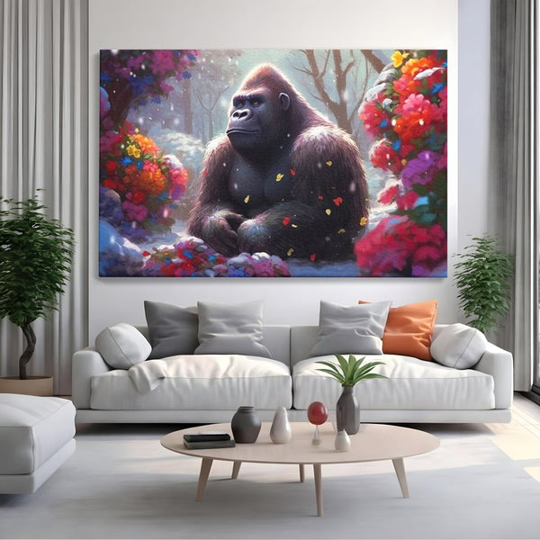 Leinwandbilder Premium, LuxCanva® M1331, Träumender Gorilla, Natur, Wald, Blumen, Winter, Schnee, Frieden, Träumen, Harmonie, Entspannung, Gorilla, Tiere, Büro, Wohnen, Wohnzimmer, Kinderzimmer