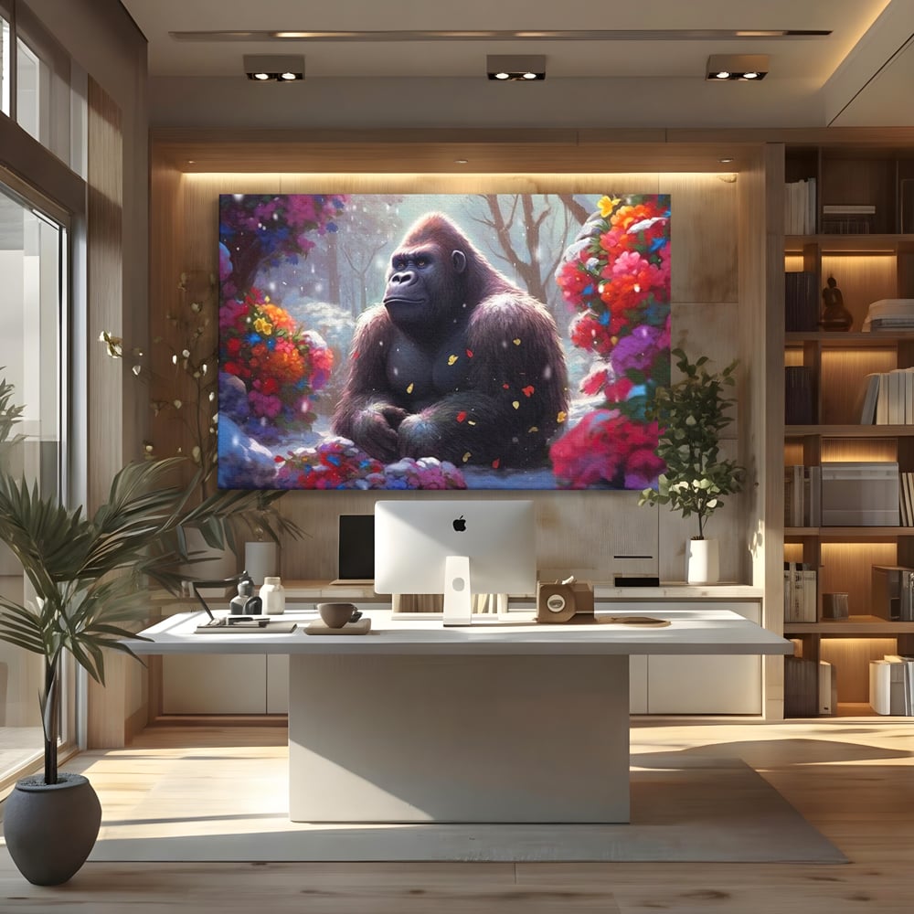 Leinwandbilder Premium, LuxCanva® M1331, Träumender Gorilla, Natur, Wald, Blumen, Winter, Schnee, Frieden, Träumen, Harmonie, Entspannung, Gorilla, Tiere, Büro, Wohnen, Wohnzimmer, Kinderzimmer