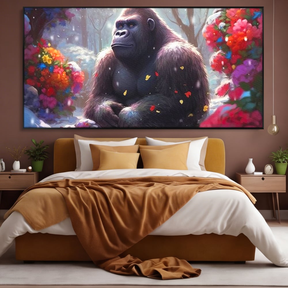 Leinwandbilder Premium, LuxCanva® M1331, Träumender Gorilla, Natur, Wald, Blumen, Winter, Schnee, Frieden, Träumen, Harmonie, Entspannung, Gorilla, Tiere, Büro, Wohnen, Wohnzimmer, Kinderzimmer