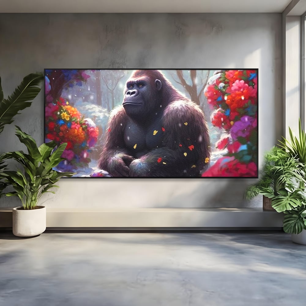 Leinwandbilder Premium, LuxCanva® M1331, Träumender Gorilla, Natur, Wald, Blumen, Winter, Schnee, Frieden, Träumen, Harmonie, Entspannung, Gorilla, Tiere, Büro, Wohnen, Wohnzimmer, Kinderzimmer