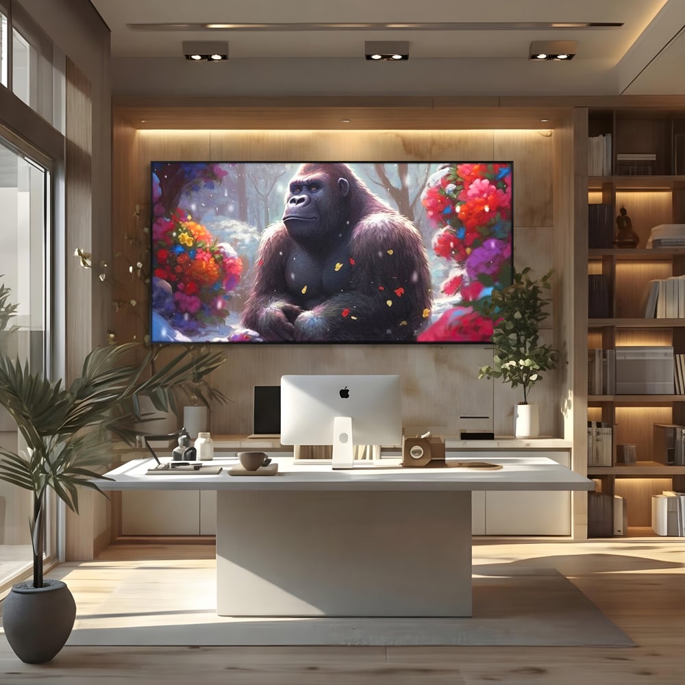 Leinwandbilder Premium, LuxCanva® M1331, Träumender Gorilla, Natur, Wald, Blumen, Winter, Schnee, Frieden, Träumen, Harmonie, Entspannung, Gorilla, Tiere, Büro, Wohnen, Wohnzimmer, Kinderzimmer