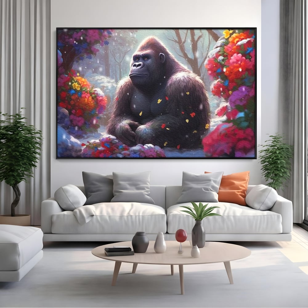 Leinwandbilder Premium, LuxCanva® M1331, Träumender Gorilla, Natur, Wald, Blumen, Winter, Schnee, Frieden, Träumen, Harmonie, Entspannung, Gorilla, Tiere, Büro, Wohnen, Wohnzimmer, Kinderzimmer