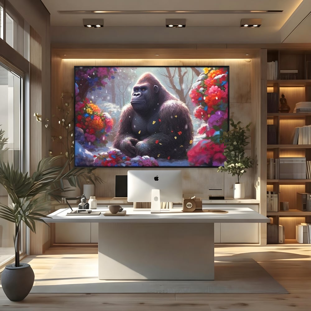 Leinwandbilder Premium, LuxCanva® M1331, Träumender Gorilla, Natur, Wald, Blumen, Winter, Schnee, Frieden, Träumen, Harmonie, Entspannung, Gorilla, Tiere, Büro, Wohnen, Wohnzimmer, Kinderzimmer