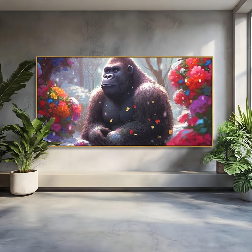 Leinwandbilder Premium, LuxCanva® M1331, Träumender Gorilla, Natur, Wald, Blumen, Winter, Schnee, Frieden, Träumen, Harmonie, Entspannung, Gorilla, Tiere, Büro, Wohnen, Wohnzimmer, Kinderzimmer
