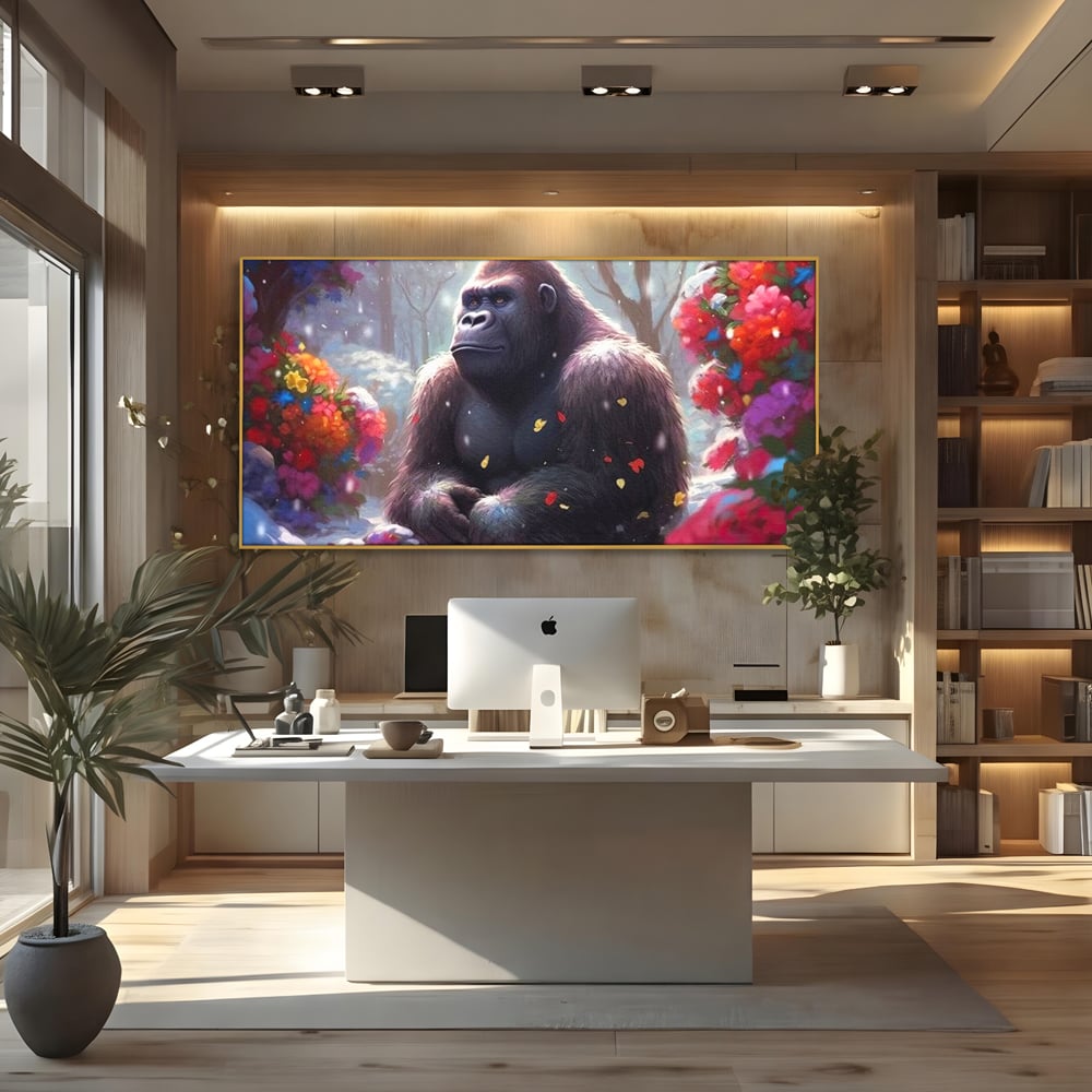 Leinwandbilder Premium, LuxCanva® M1331, Träumender Gorilla, Natur, Wald, Blumen, Winter, Schnee, Frieden, Träumen, Harmonie, Entspannung, Gorilla, Tiere, Büro, Wohnen, Wohnzimmer, Kinderzimmer