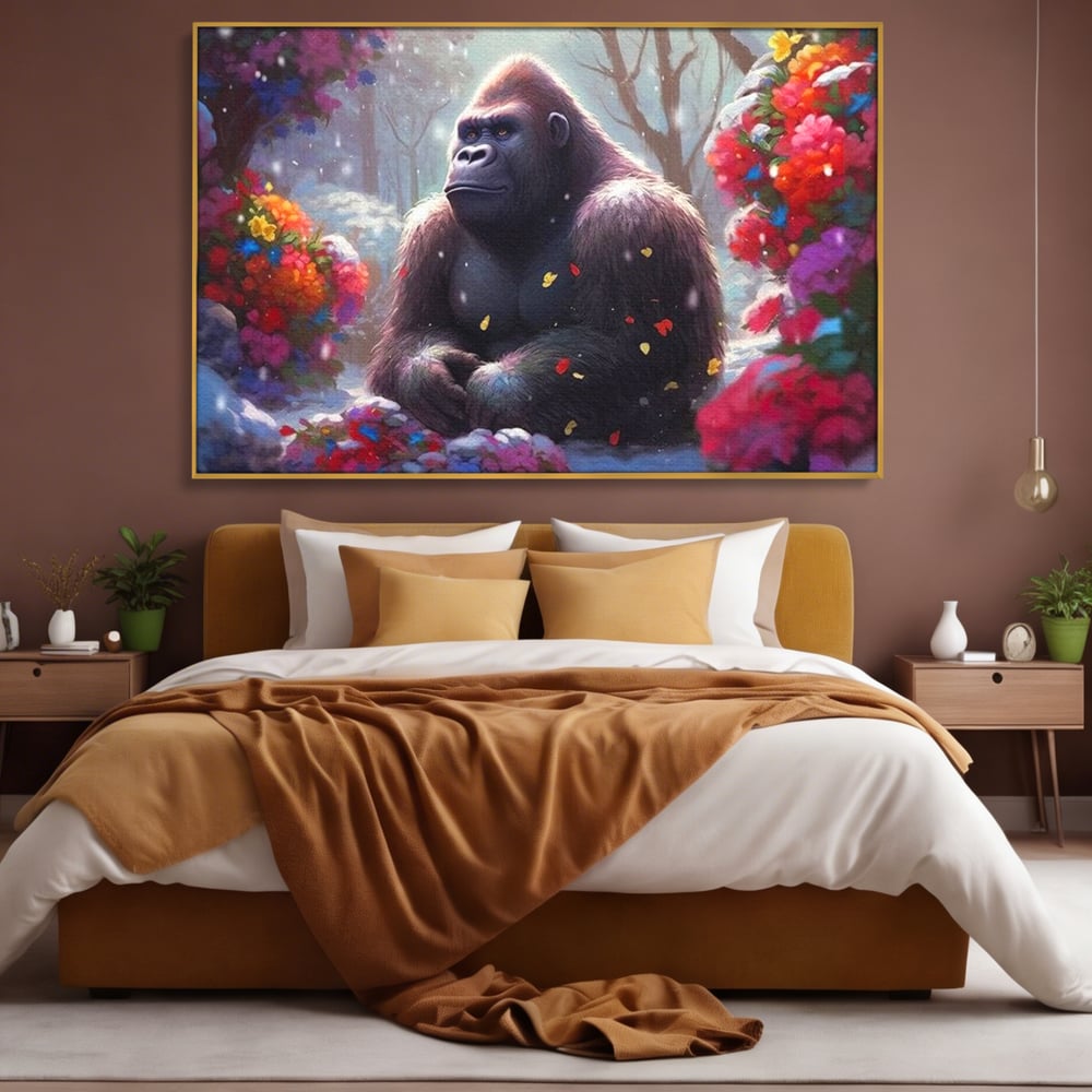 Leinwandbilder Premium, LuxCanva® M1331, Träumender Gorilla, Natur, Wald, Blumen, Winter, Schnee, Frieden, Träumen, Harmonie, Entspannung, Gorilla, Tiere, Büro, Wohnen, Wohnzimmer, Kinderzimmer