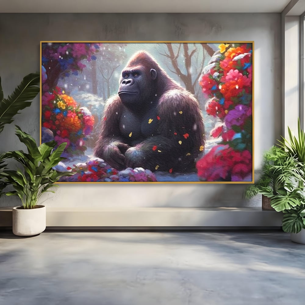 Leinwandbilder Premium, LuxCanva® M1331, Träumender Gorilla, Natur, Wald, Blumen, Winter, Schnee, Frieden, Träumen, Harmonie, Entspannung, Gorilla, Tiere, Büro, Wohnen, Wohnzimmer, Kinderzimmer