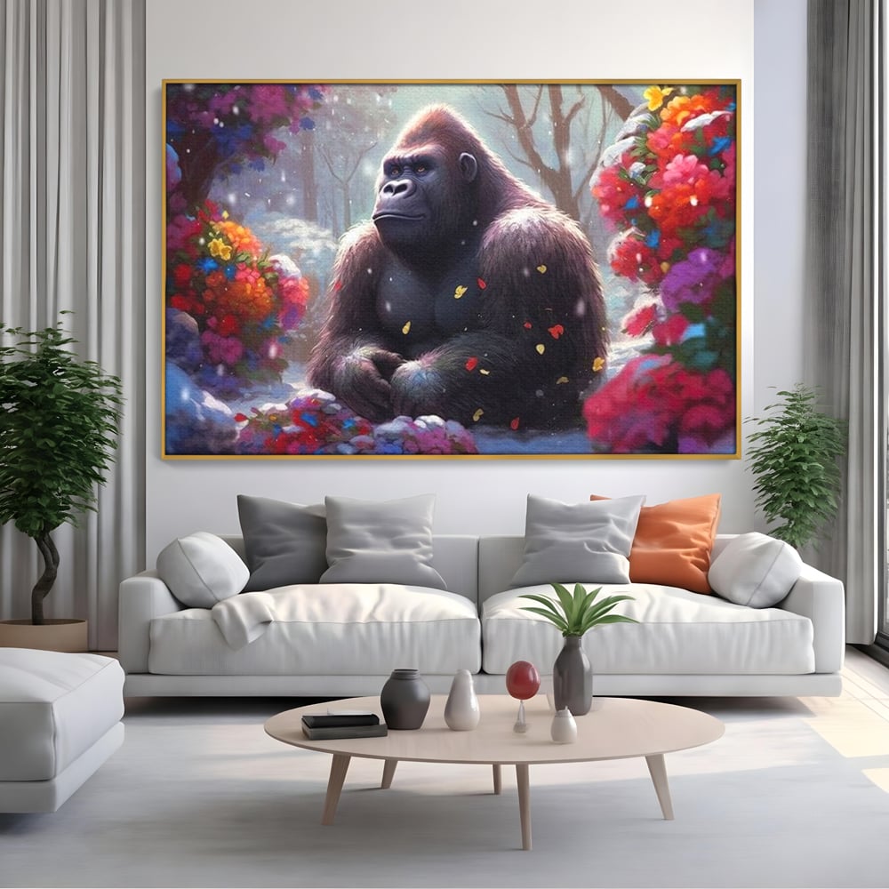 Leinwandbilder Premium, LuxCanva® M1331, Träumender Gorilla, Natur, Wald, Blumen, Winter, Schnee, Frieden, Träumen, Harmonie, Entspannung, Gorilla, Tiere, Büro, Wohnen, Wohnzimmer, Kinderzimmer