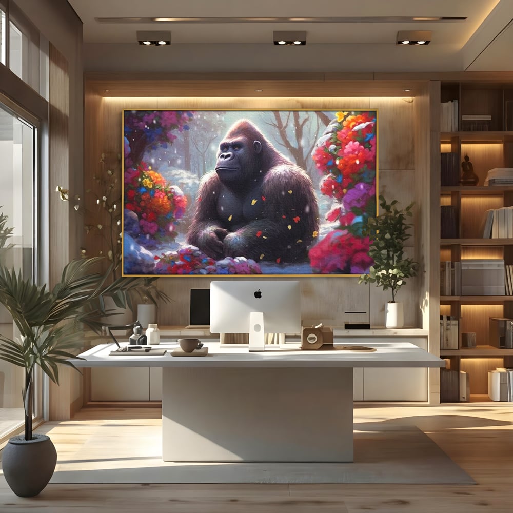Leinwandbilder Premium, LuxCanva® M1331, Träumender Gorilla, Natur, Wald, Blumen, Winter, Schnee, Frieden, Träumen, Harmonie, Entspannung, Gorilla, Tiere, Büro, Wohnen, Wohnzimmer, Kinderzimmer
