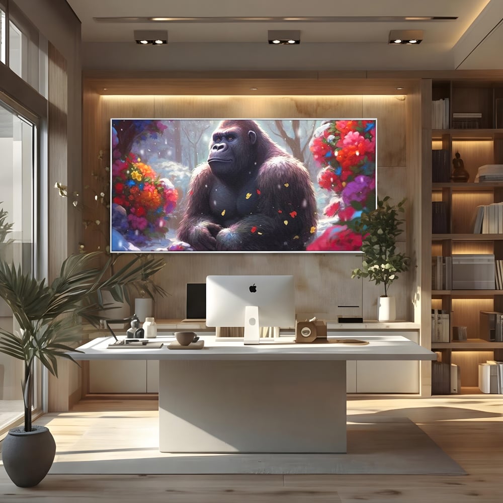 Leinwandbilder Premium, LuxCanva® M1331, Träumender Gorilla, Natur, Wald, Blumen, Winter, Schnee, Frieden, Träumen, Harmonie, Entspannung, Gorilla, Tiere, Büro, Wohnen, Wohnzimmer, Kinderzimmer