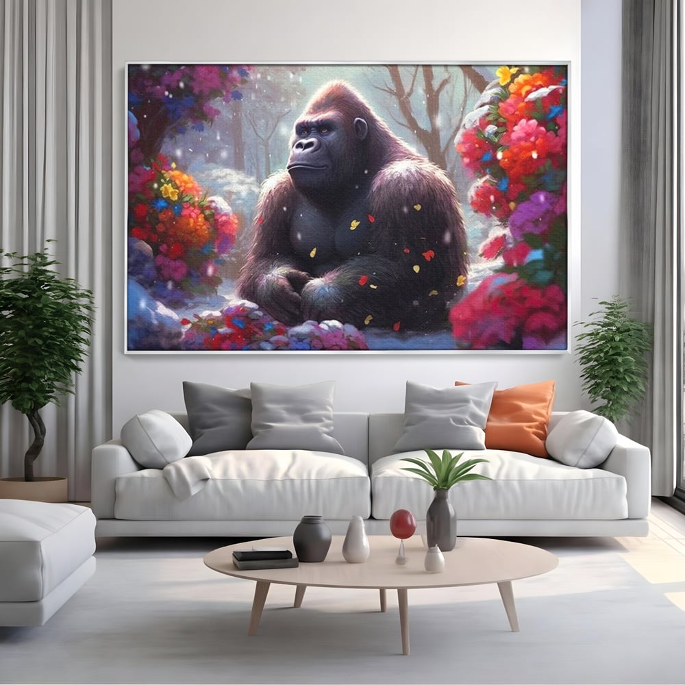 Leinwandbilder Premium, LuxCanva® M1331, Träumender Gorilla, Natur, Wald, Blumen, Winter, Schnee, Frieden, Träumen, Harmonie, Entspannung, Gorilla, Tiere, Büro, Wohnen, Wohnzimmer, Kinderzimmer