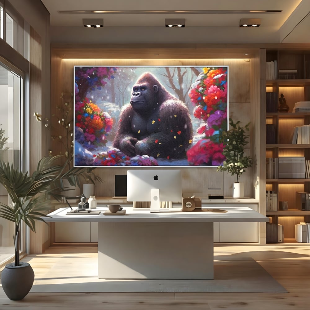 Leinwandbilder Premium, LuxCanva® M1331, Träumender Gorilla, Natur, Wald, Blumen, Winter, Schnee, Frieden, Träumen, Harmonie, Entspannung, Gorilla, Tiere, Büro, Wohnen, Wohnzimmer, Kinderzimmer