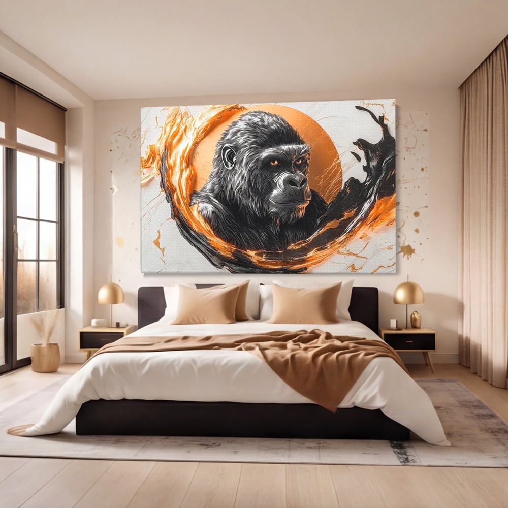 Tablou Canvas Premium, LuxCanva® M1333, Cercul de Foc, Gorila, Forta, Energie, Arta Abstracta, Simbol, Animal, Epic, Viziune, Valuri, Modern, Birou, Living, Camera Copil