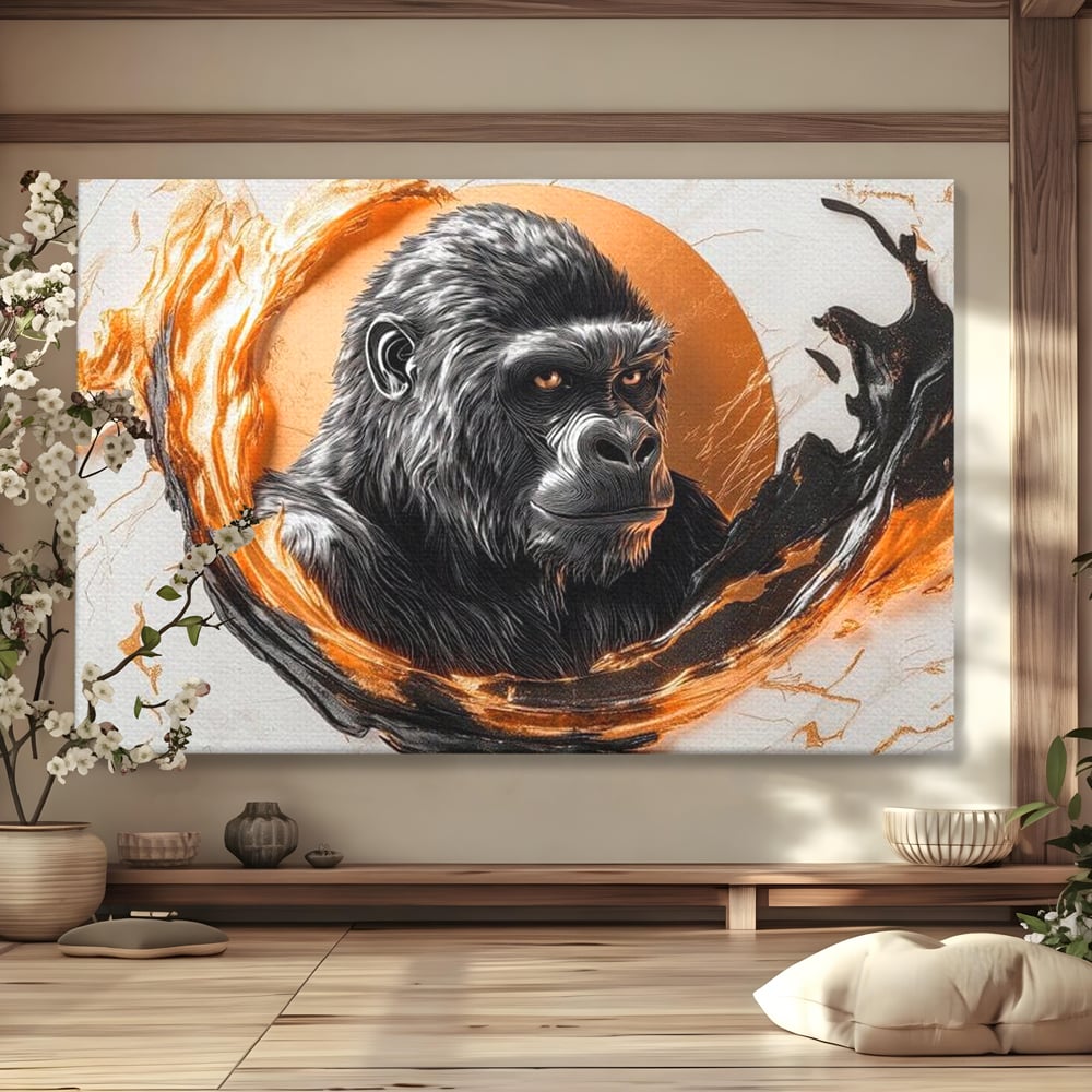 Tablou Canvas Premium, LuxCanva® M1333, Cercul de Foc, Gorila, Forta, Energie, Arta Abstracta, Simbol, Animal, Epic, Viziune, Valuri, Modern, Birou, Living, Camera Copil