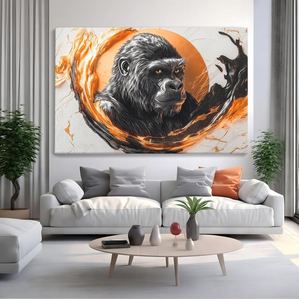 Tablou Canvas Premium, LuxCanva® M1333, Cercul de Foc, Gorila, Forta, Energie, Arta Abstracta, Simbol, Animal, Epic, Viziune, Valuri, Modern, Birou, Living, Camera Copil