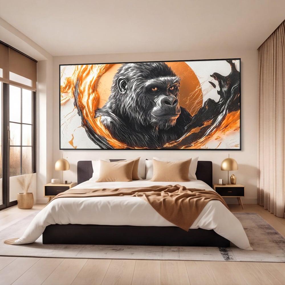 Tablou Canvas Premium, LuxCanva® M1333, Cercul de Foc, Gorila, Forta, Energie, Arta Abstracta, Simbol, Animal, Epic, Viziune, Valuri, Modern, Birou, Living, Camera Copil
