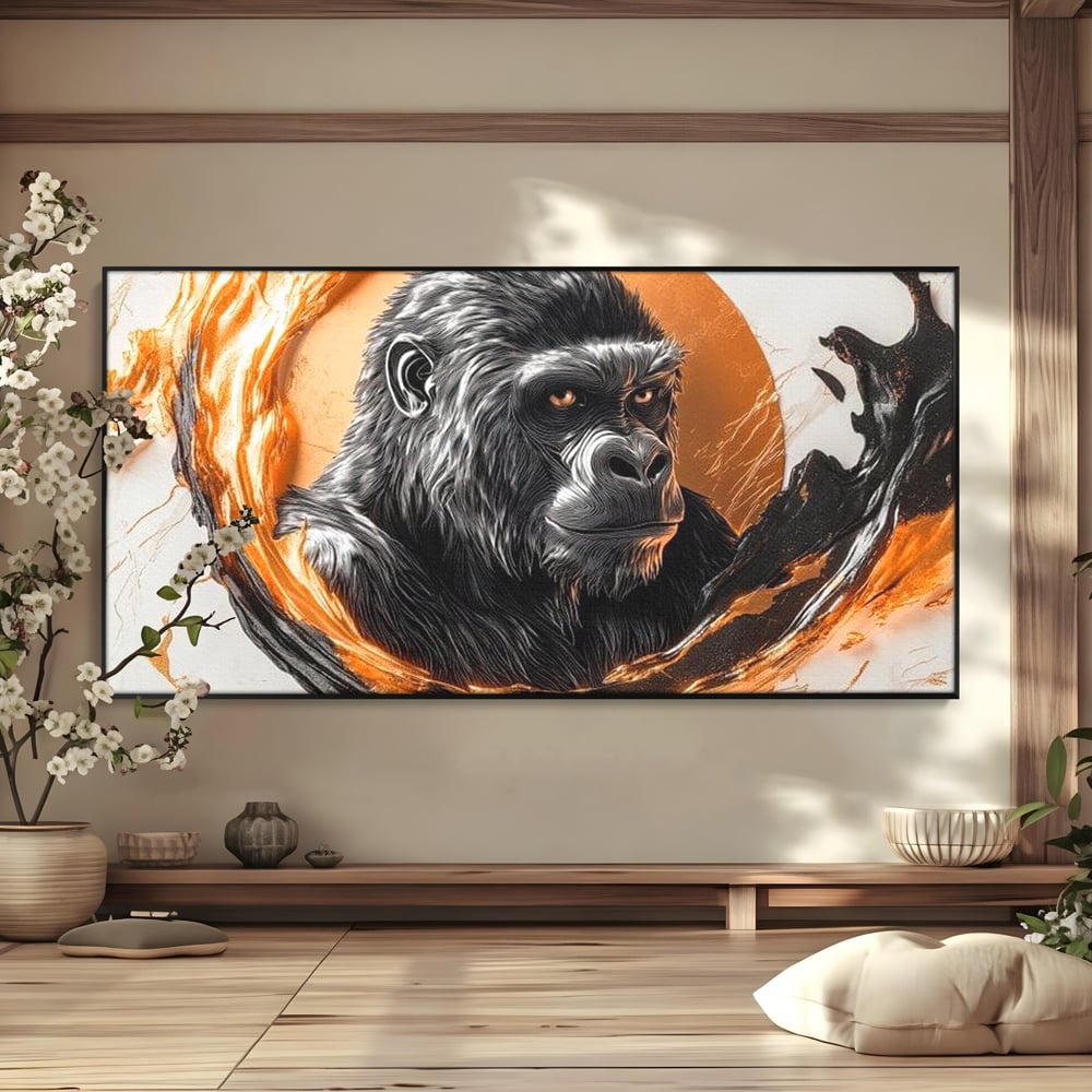 Tablou Canvas Premium, LuxCanva® M1333, Cercul de Foc, Gorila, Forta, Energie, Arta Abstracta, Simbol, Animal, Epic, Viziune, Valuri, Modern, Birou, Living, Camera Copil