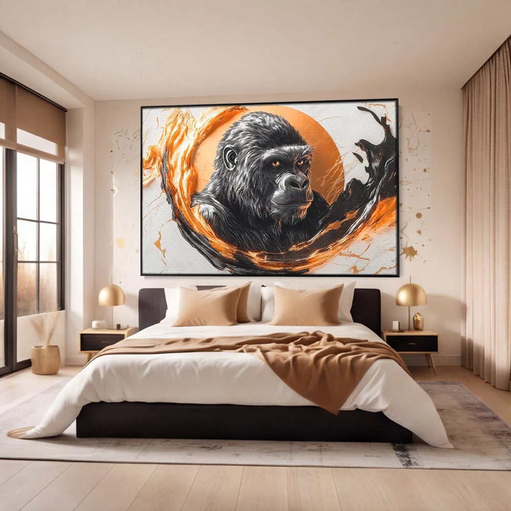 Tablou Canvas Premium, LuxCanva® M1333, Cercul de Foc, Gorila, Forta, Energie, Arta Abstracta, Simbol, Animal, Epic, Viziune, Valuri, Modern, Birou, Living, Camera Copil