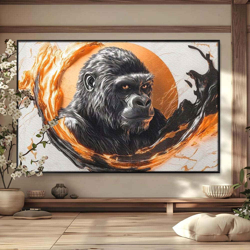 Tablou Canvas Premium, LuxCanva® M1333, Cercul de Foc, Gorila, Forta, Energie, Arta Abstracta, Simbol, Animal, Epic, Viziune, Valuri, Modern, Birou, Living, Camera Copil
