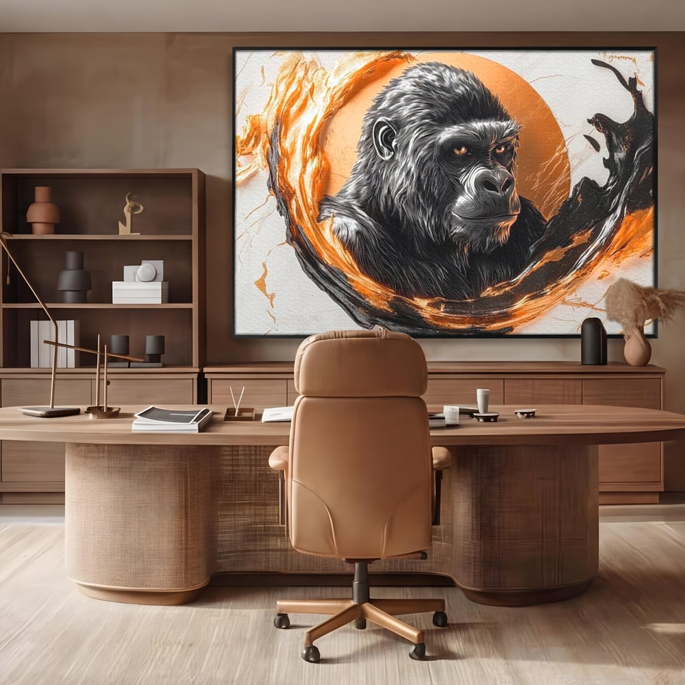 Tablou Canvas Premium, LuxCanva® M1333, Cercul de Foc, Gorila, Forta, Energie, Arta Abstracta, Simbol, Animal, Epic, Viziune, Valuri, Modern, Birou, Living, Camera Copil