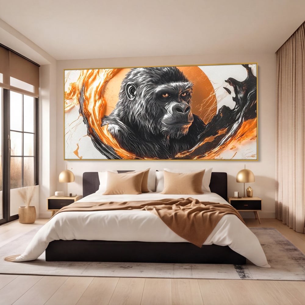 Tablou Canvas Premium, LuxCanva® M1333, Cercul de Foc, Gorila, Forta, Energie, Arta Abstracta, Simbol, Animal, Epic, Viziune, Valuri, Modern, Birou, Living, Camera Copil