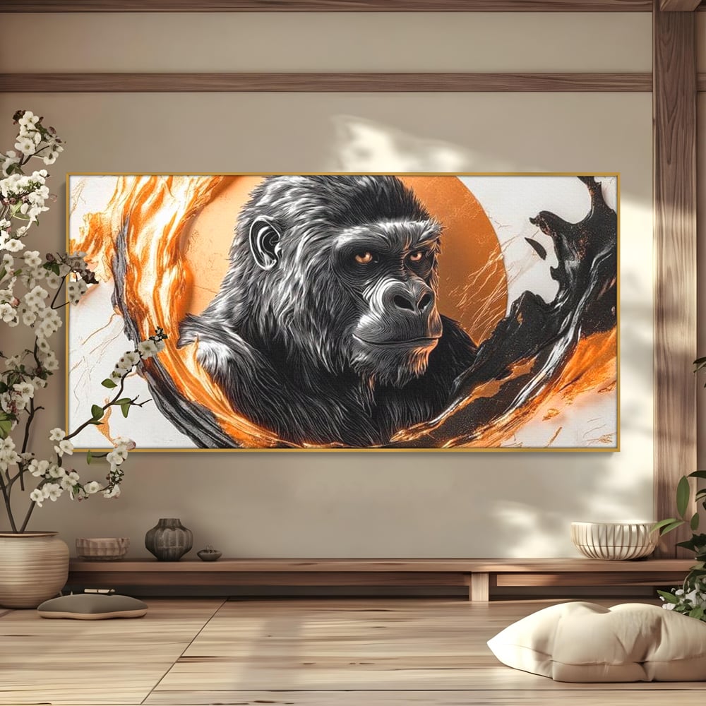 Tablou Canvas Premium, LuxCanva® M1333, Cercul de Foc, Gorila, Forta, Energie, Arta Abstracta, Simbol, Animal, Epic, Viziune, Valuri, Modern, Birou, Living, Camera Copil