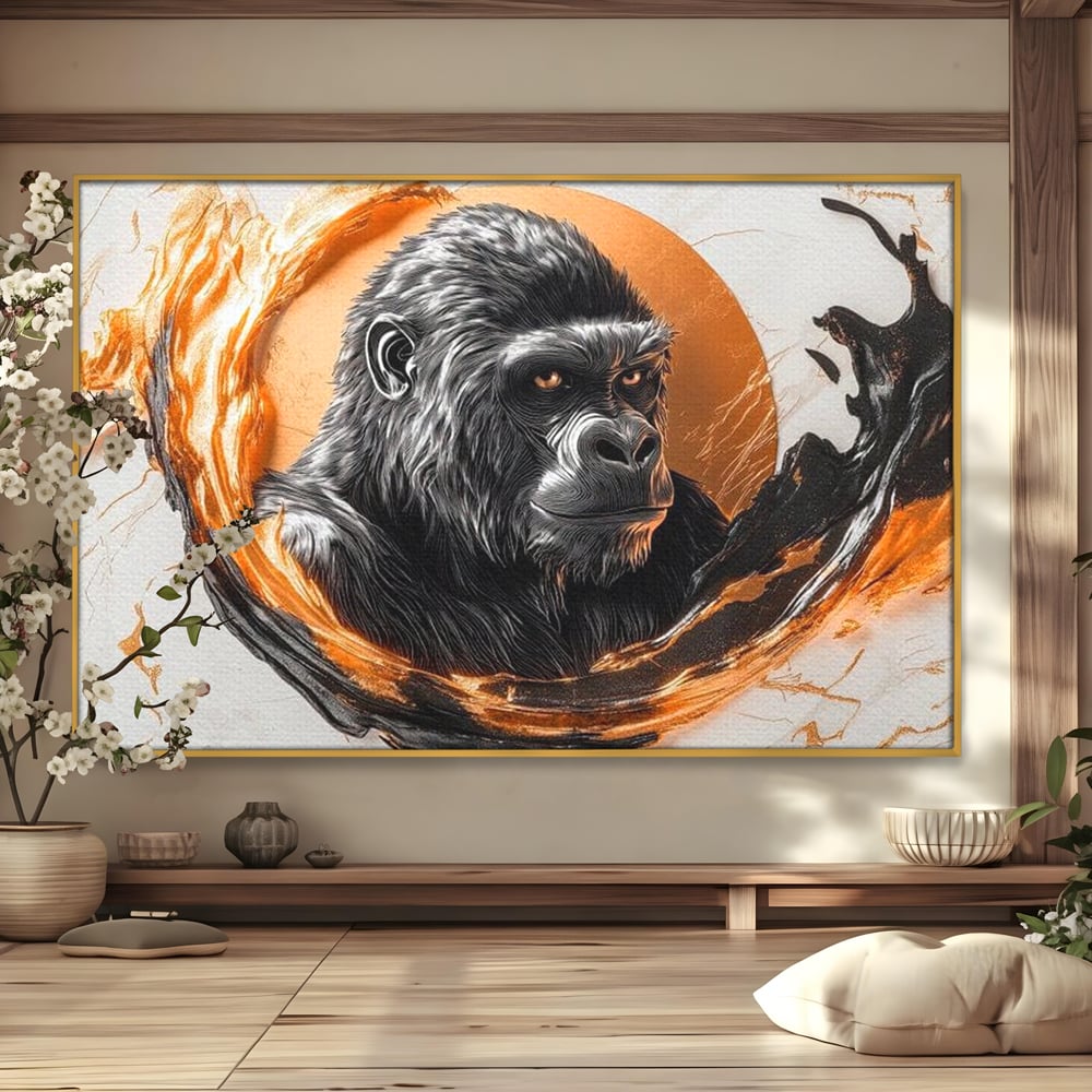 Tablou Canvas Premium, LuxCanva® M1333, Cercul de Foc, Gorila, Forta, Energie, Arta Abstracta, Simbol, Animal, Epic, Viziune, Valuri, Modern, Birou, Living, Camera Copil