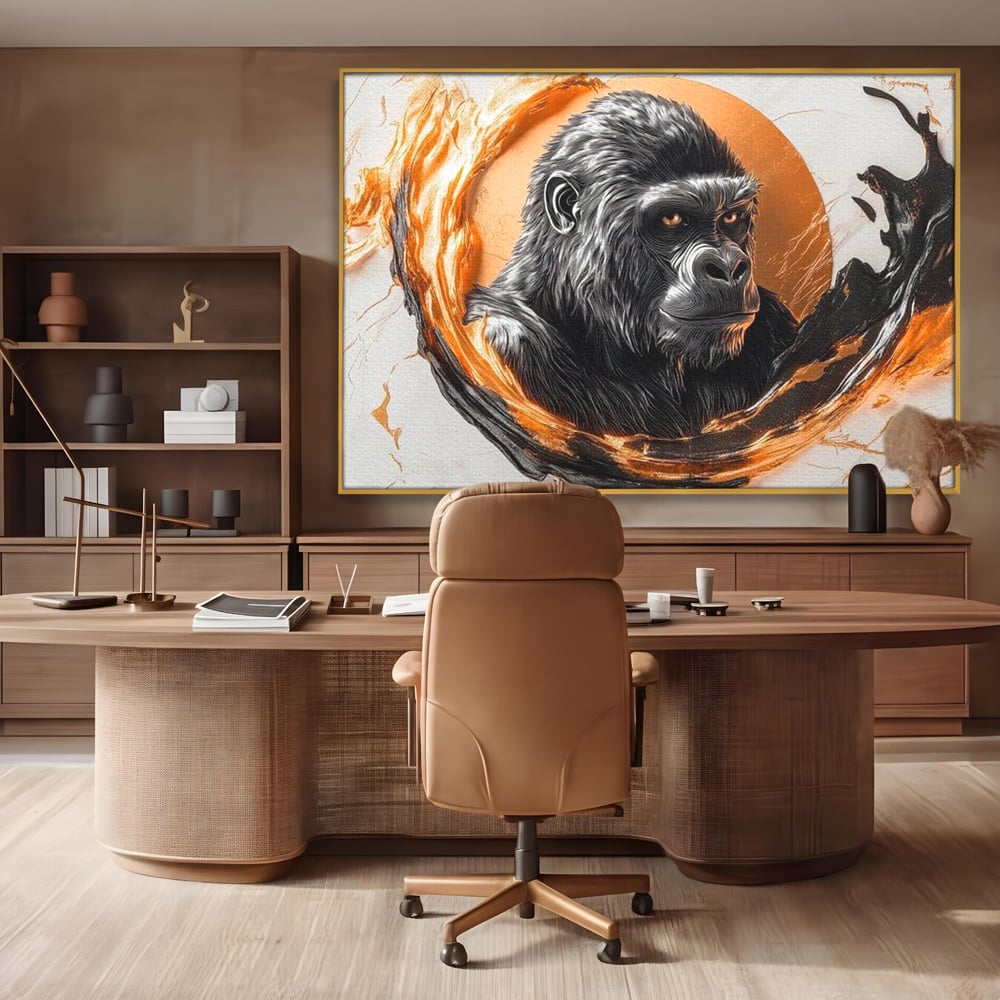 Tablou Canvas Premium, LuxCanva® M1333, Cercul de Foc, Gorila, Forta, Energie, Arta Abstracta, Simbol, Animal, Epic, Viziune, Valuri, Modern, Birou, Living, Camera Copil