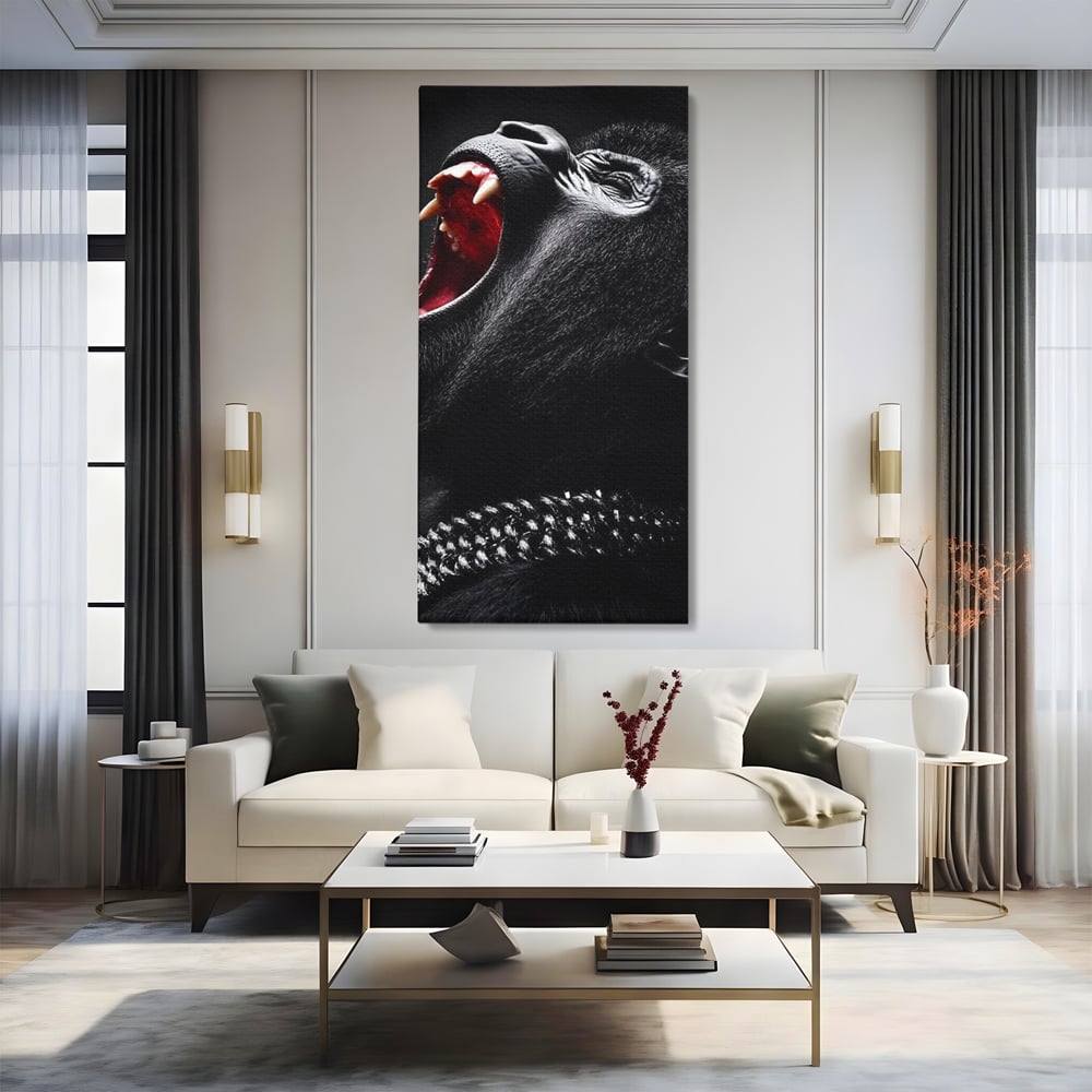 Tablou Canvas Premium, LuxCanva® M1334, Glasul Salbaticiei, Strigat, Colti, Furie, Gorila, Expresie, Teroare, Bestie, Lanturi, Instinct, Animal, Birou, Living, Camera Copil