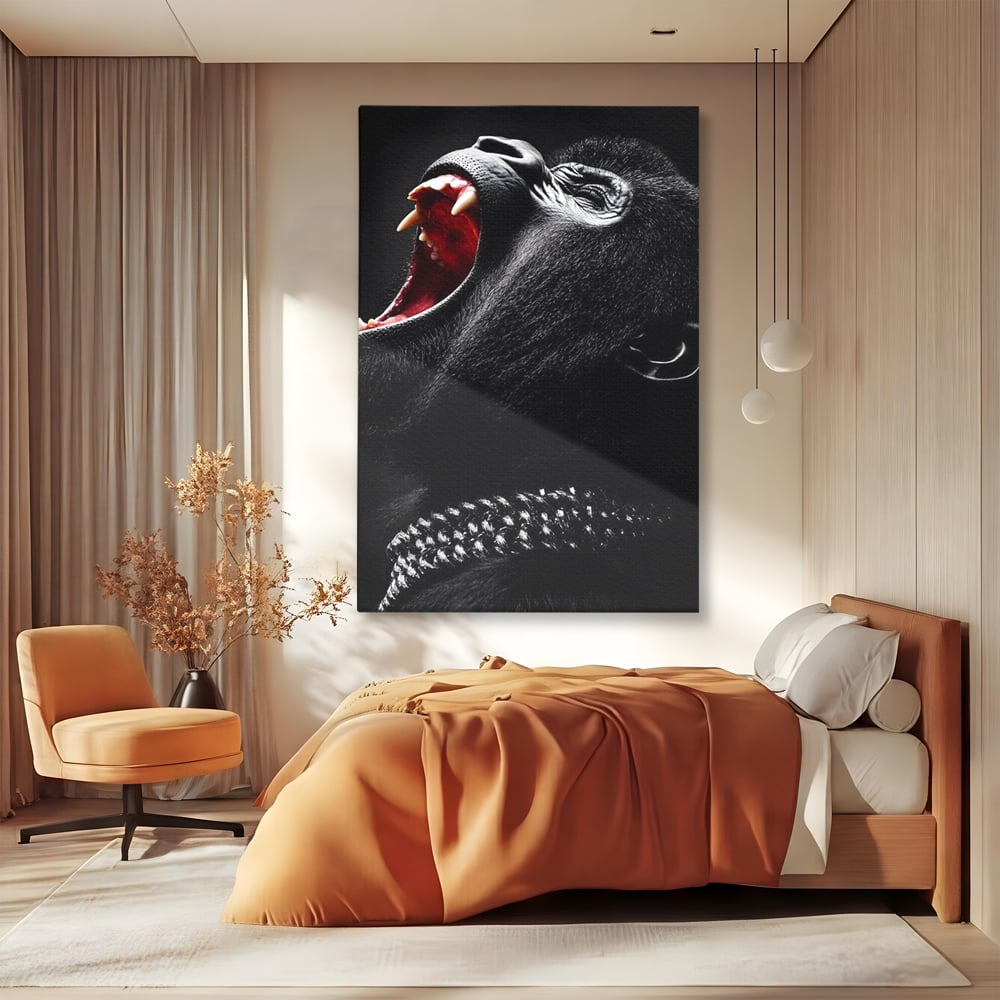 Tablou Canvas Premium, LuxCanva® M1334, Glasul Salbaticiei, Strigat, Colti, Furie, Gorila, Expresie, Teroare, Bestie, Lanturi, Instinct, Animal, Birou, Living, Camera Copil