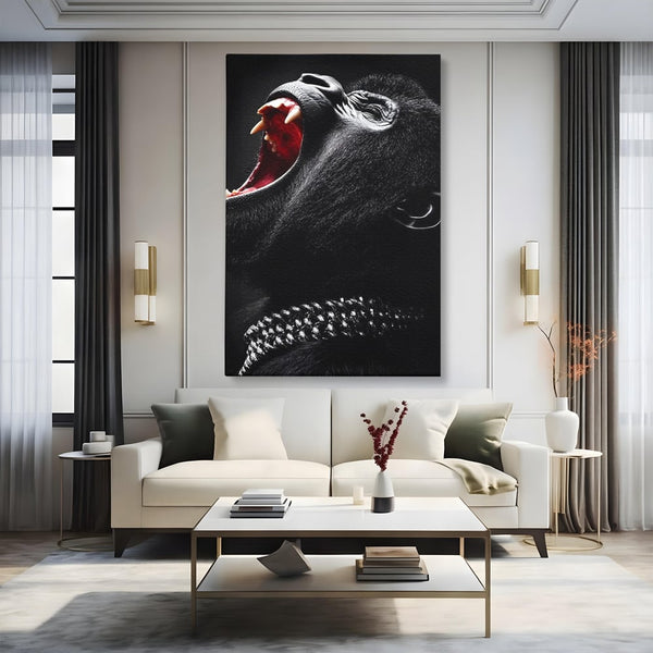 Tablou Canvas Premium, LuxCanva® M1334, Glasul Salbaticiei, Strigat, Colti, Furie, Gorila, Expresie, Teroare, Bestie, Lanturi, Instinct, Animal, Birou, Living, Camera Copil