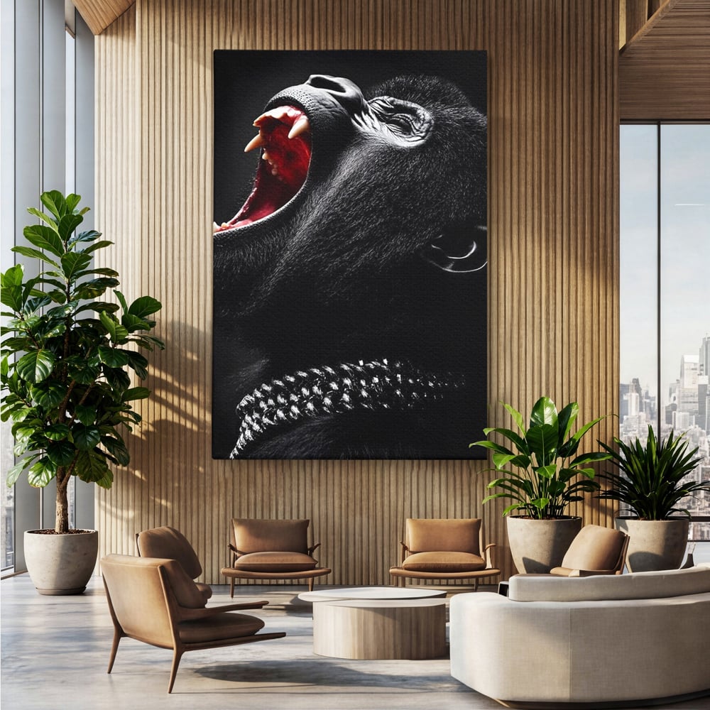 Tablou Canvas Premium, LuxCanva® M1334, Glasul Salbaticiei, Strigat, Colti, Furie, Gorila, Expresie, Teroare, Bestie, Lanturi, Instinct, Animal, Birou, Living, Camera Copil