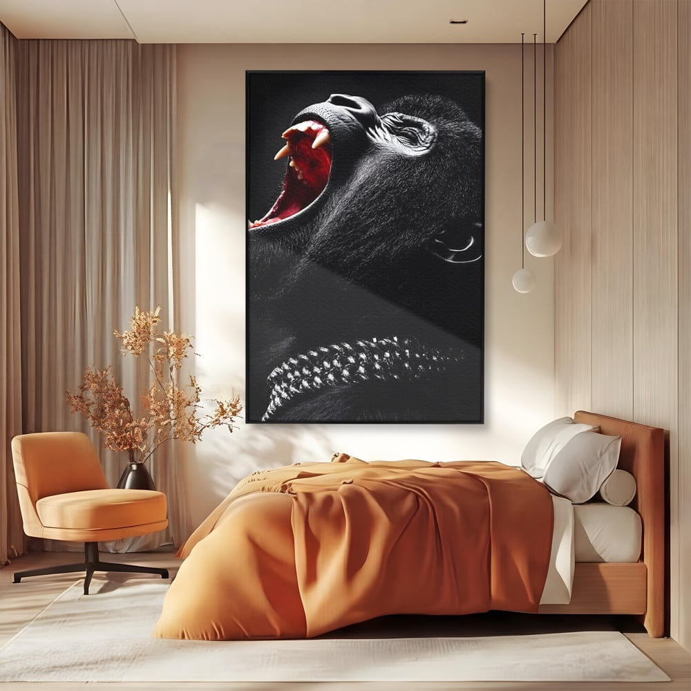 Tablou Canvas Premium, LuxCanva® M1334, Glasul Salbaticiei, Strigat, Colti, Furie, Gorila, Expresie, Teroare, Bestie, Lanturi, Instinct, Animal, Birou, Living, Camera Copil