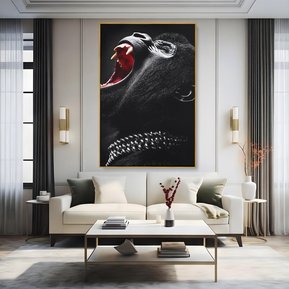 Tablou Canvas Premium, LuxCanva® M1334, Glasul Salbaticiei, Strigat, Colti, Furie, Gorila, Expresie, Teroare, Bestie, Lanturi, Instinct, Animal, Birou, Living, Camera Copil