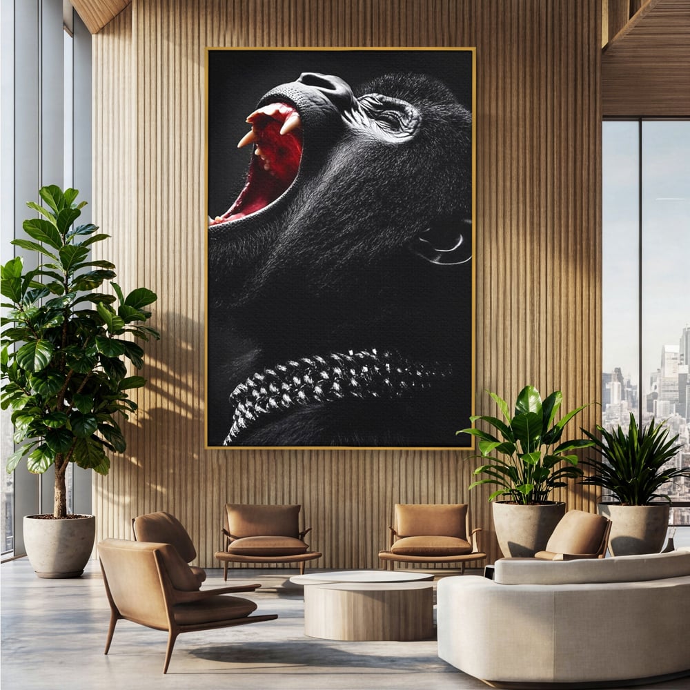 Tablou Canvas Premium, LuxCanva® M1334, Glasul Salbaticiei, Strigat, Colti, Furie, Gorila, Expresie, Teroare, Bestie, Lanturi, Instinct, Animal, Birou, Living, Camera Copil