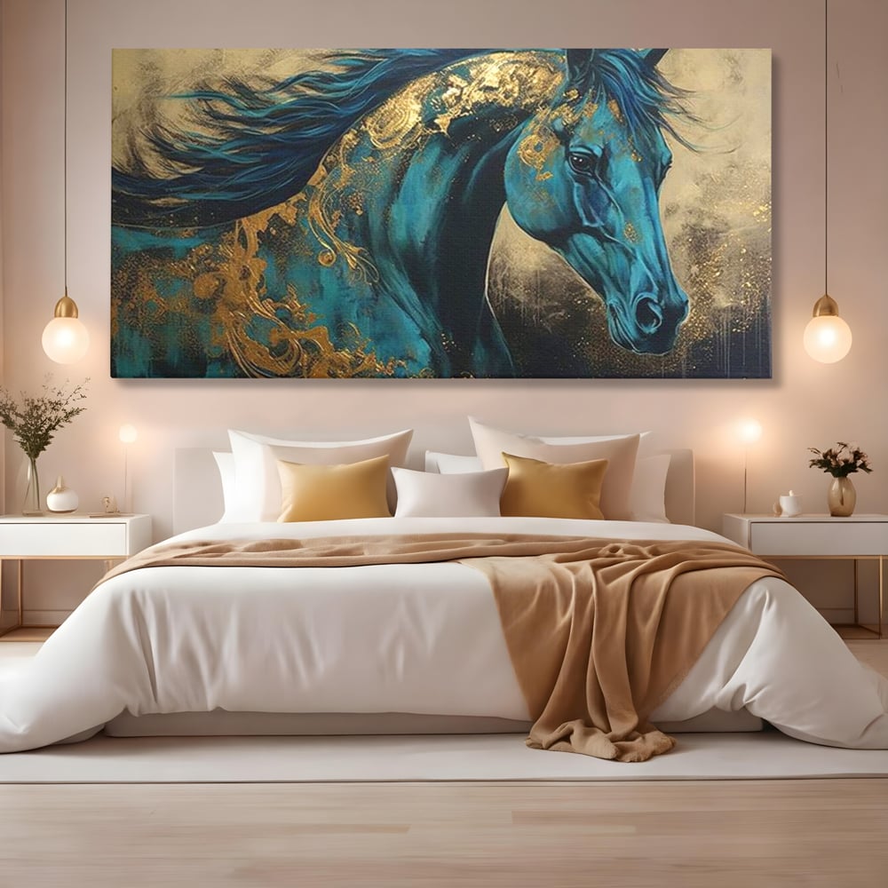 Tablou Canvas Premium, LuxCanva® M1335, Epopee Albastra, Cal, Animal, Coama, Galop, Auriu, Portret, Elegant, Dinamic, Gratios, Artistic, Pictura, Birou, Living, Camera Copil