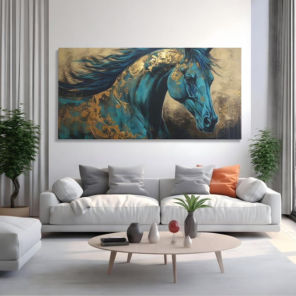 Tablou Canvas Premium, LuxCanva® M1335, Epopee Albastra, Cal, Animal, Coama, Galop, Auriu, Portret, Elegant, Dinamic, Gratios, Artistic, Pictura, Birou, Living, Camera Copil