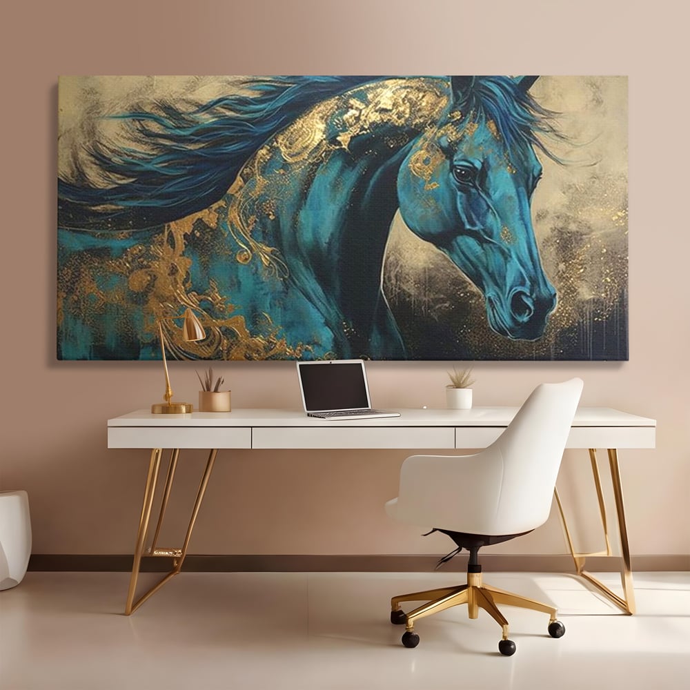 Tablou Canvas Premium, LuxCanva® M1335, Epopee Albastra, Cal, Animal, Coama, Galop, Auriu, Portret, Elegant, Dinamic, Gratios, Artistic, Pictura, Birou, Living, Camera Copil