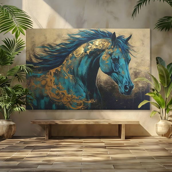 Tablou Canvas Premium, LuxCanva® M1335, Epopee Albastra, Cal, Animal, Coama, Galop, Auriu, Portret, Elegant, Dinamic, Gratios, Artistic, Pictura, Birou, Living, Camera Copil