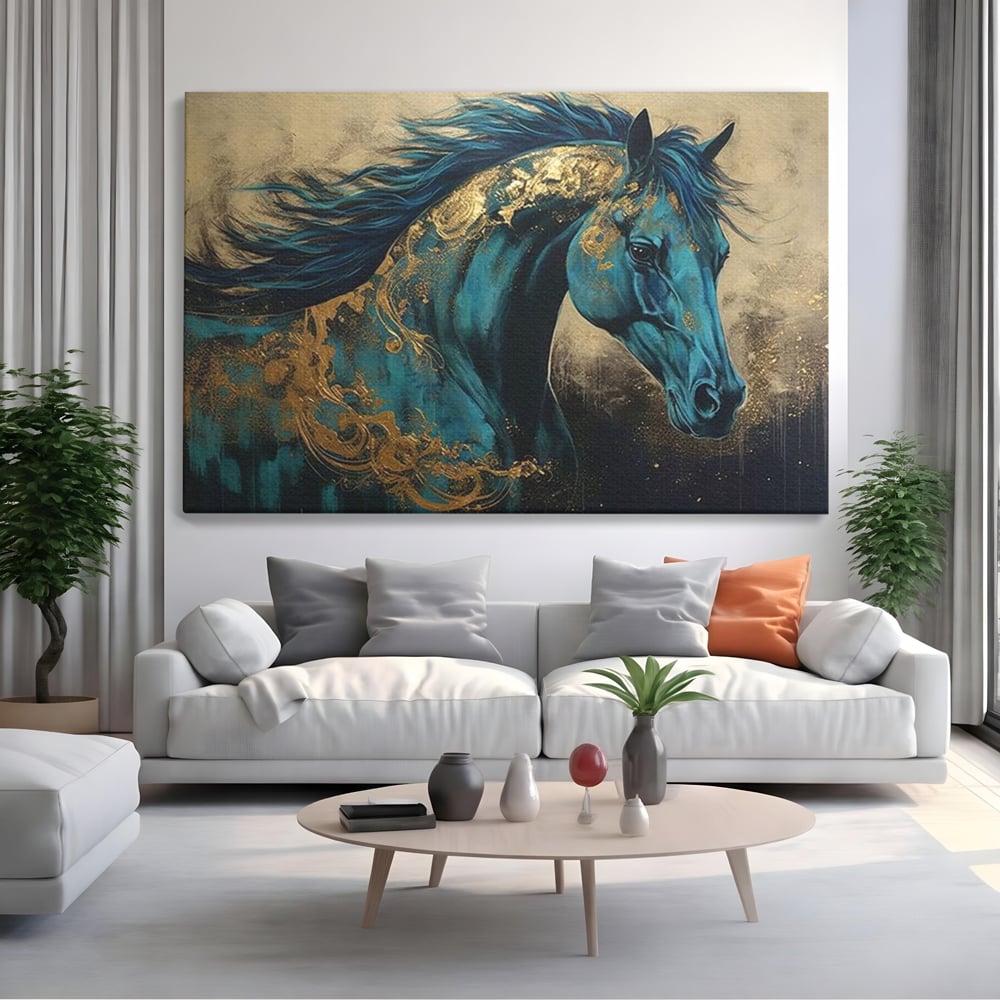 Tablou Canvas Premium, LuxCanva® M1335, Epopee Albastra, Cal, Animal, Coama, Galop, Auriu, Portret, Elegant, Dinamic, Gratios, Artistic, Pictura, Birou, Living, Camera Copil