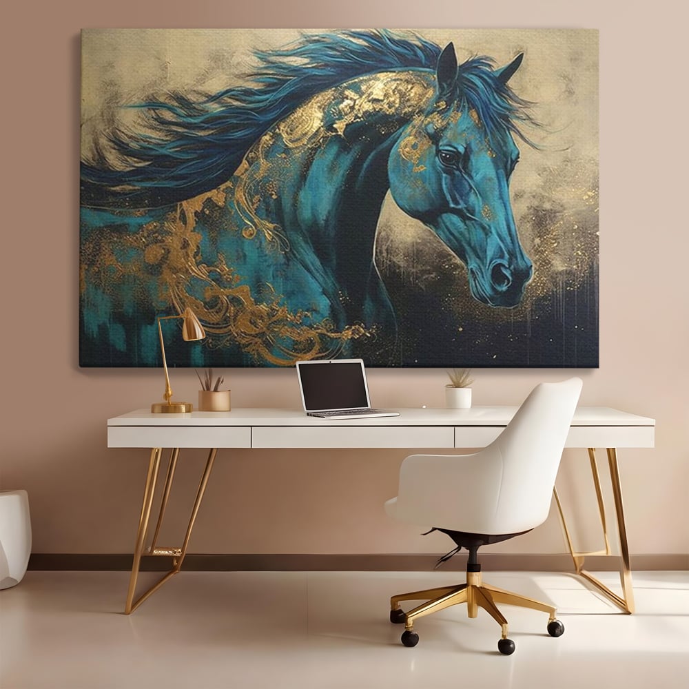 Tablou Canvas Premium, LuxCanva® M1335, Epopee Albastra, Cal, Animal, Coama, Galop, Auriu, Portret, Elegant, Dinamic, Gratios, Artistic, Pictura, Birou, Living, Camera Copil