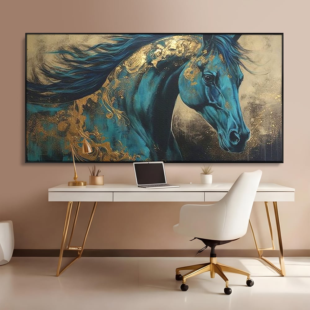 Tablou Canvas Premium, LuxCanva® M1335, Epopee Albastra, Cal, Animal, Coama, Galop, Auriu, Portret, Elegant, Dinamic, Gratios, Artistic, Pictura, Birou, Living, Camera Copil