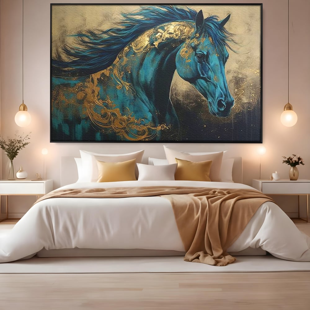 Tablou Canvas Premium, LuxCanva® M1335, Epopee Albastra, Cal, Animal, Coama, Galop, Auriu, Portret, Elegant, Dinamic, Gratios, Artistic, Pictura, Birou, Living, Camera Copil