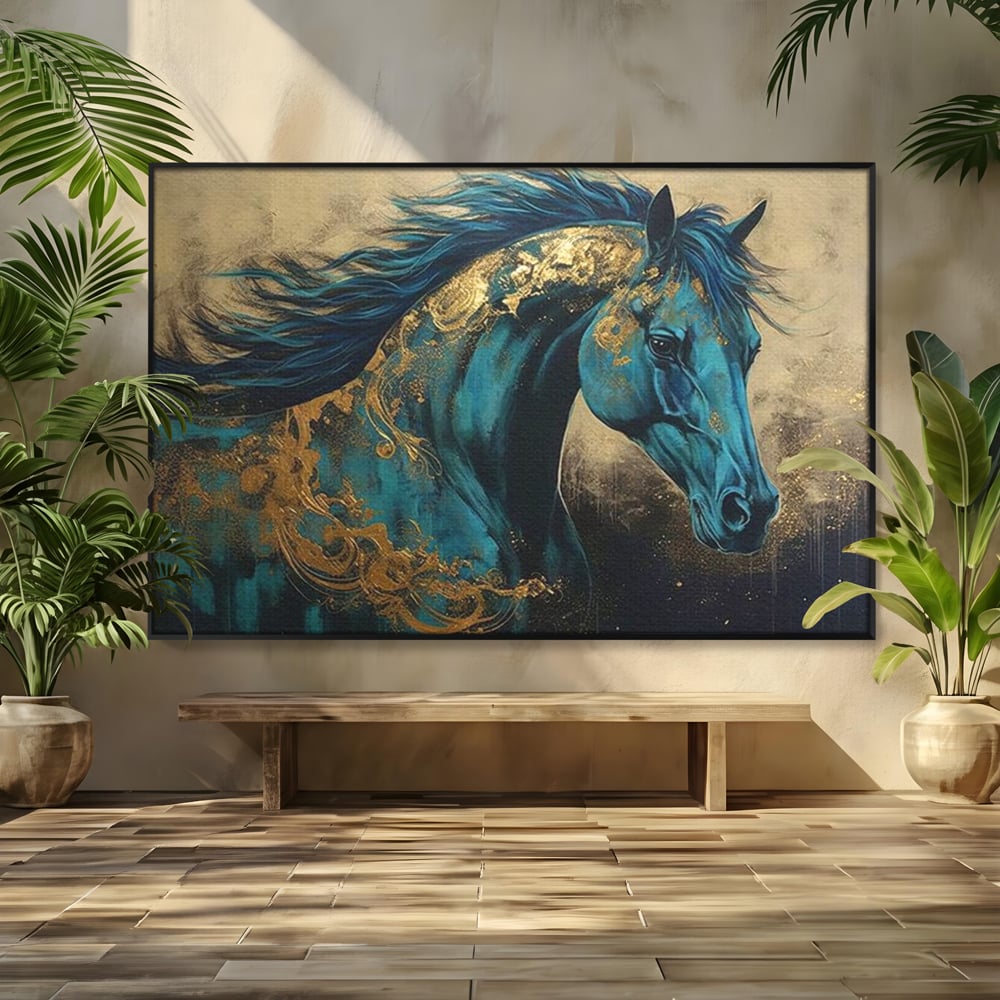 Tablou Canvas Premium, LuxCanva® M1335, Epopee Albastra, Cal, Animal, Coama, Galop, Auriu, Portret, Elegant, Dinamic, Gratios, Artistic, Pictura, Birou, Living, Camera Copil