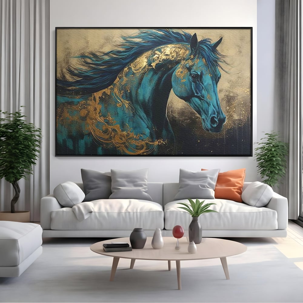 Tablou Canvas Premium, LuxCanva® M1335, Epopee Albastra, Cal, Animal, Coama, Galop, Auriu, Portret, Elegant, Dinamic, Gratios, Artistic, Pictura, Birou, Living, Camera Copil