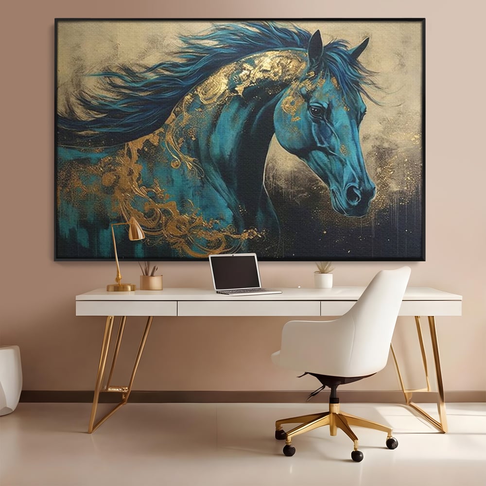 Tablou Canvas Premium, LuxCanva® M1335, Epopee Albastra, Cal, Animal, Coama, Galop, Auriu, Portret, Elegant, Dinamic, Gratios, Artistic, Pictura, Birou, Living, Camera Copil