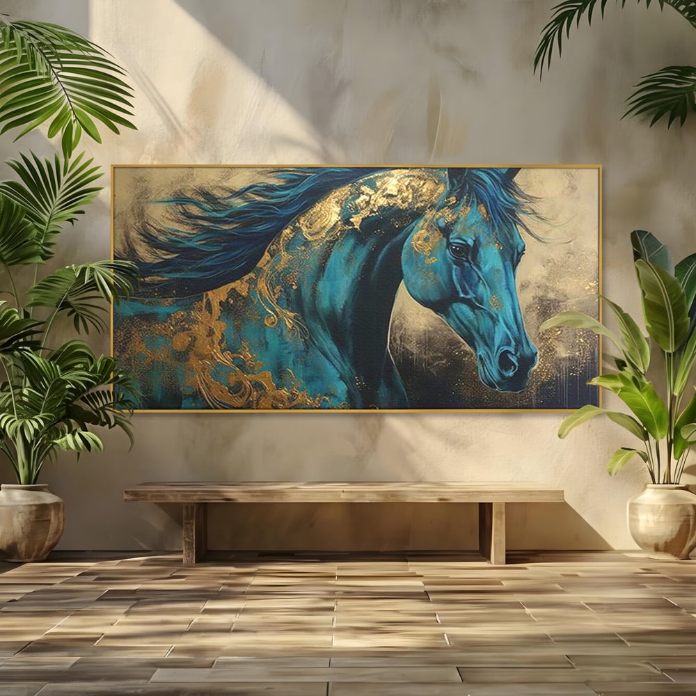 Tablou Canvas Premium, LuxCanva® M1335, Epopee Albastra, Cal, Animal, Coama, Galop, Auriu, Portret, Elegant, Dinamic, Gratios, Artistic, Pictura, Birou, Living, Camera Copil