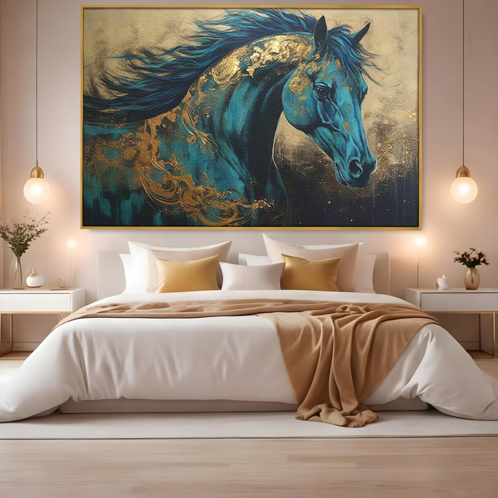 Tablou Canvas Premium, LuxCanva® M1335, Epopee Albastra, Cal, Animal, Coama, Galop, Auriu, Portret, Elegant, Dinamic, Gratios, Artistic, Pictura, Birou, Living, Camera Copil