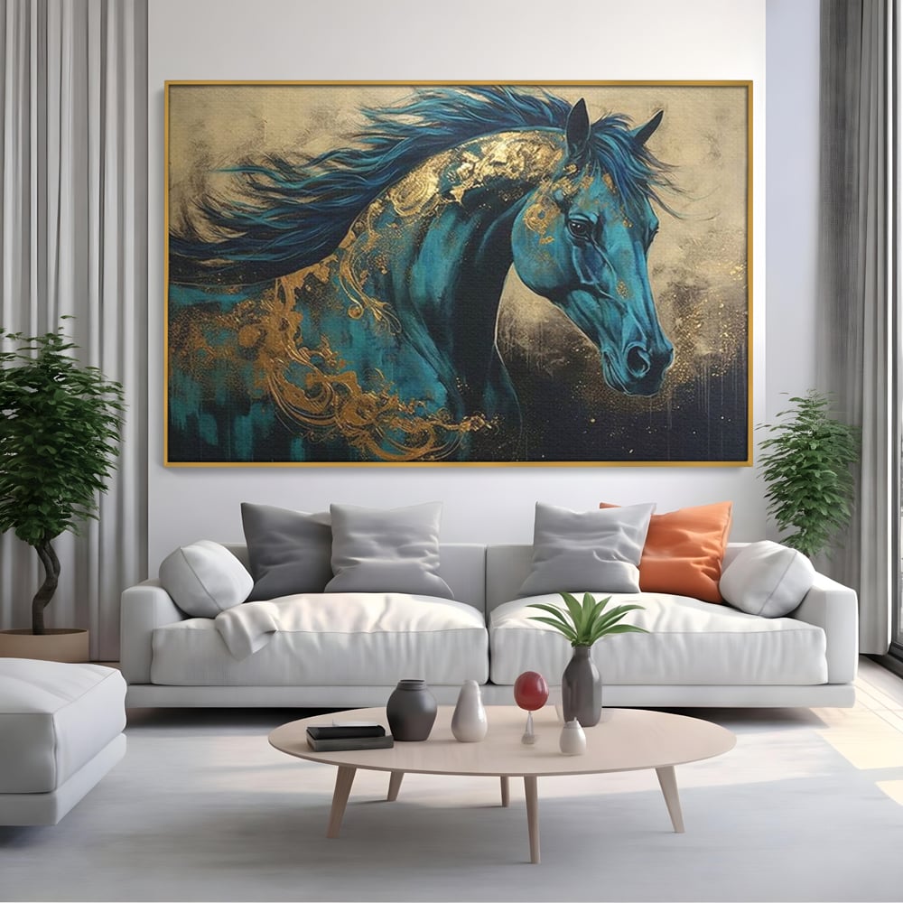 Tablou Canvas Premium, LuxCanva® M1335, Epopee Albastra, Cal, Animal, Coama, Galop, Auriu, Portret, Elegant, Dinamic, Gratios, Artistic, Pictura, Birou, Living, Camera Copil
