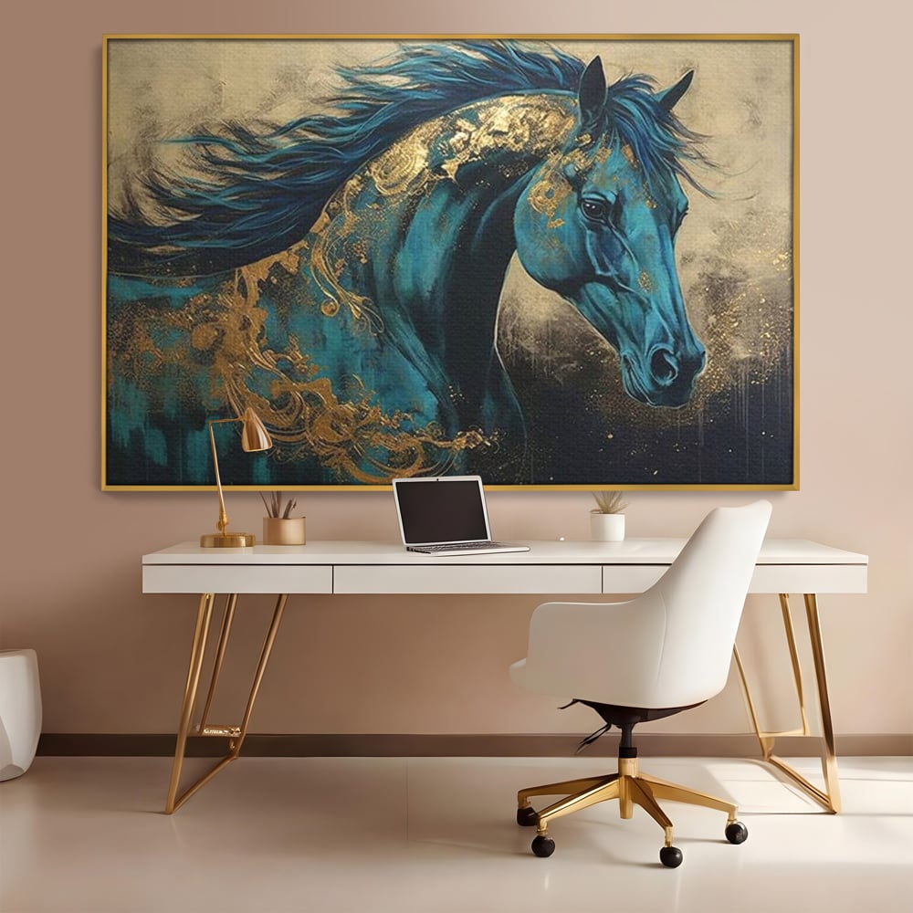 Tablou Canvas Premium, LuxCanva® M1335, Epopee Albastra, Cal, Animal, Coama, Galop, Auriu, Portret, Elegant, Dinamic, Gratios, Artistic, Pictura, Birou, Living, Camera Copil